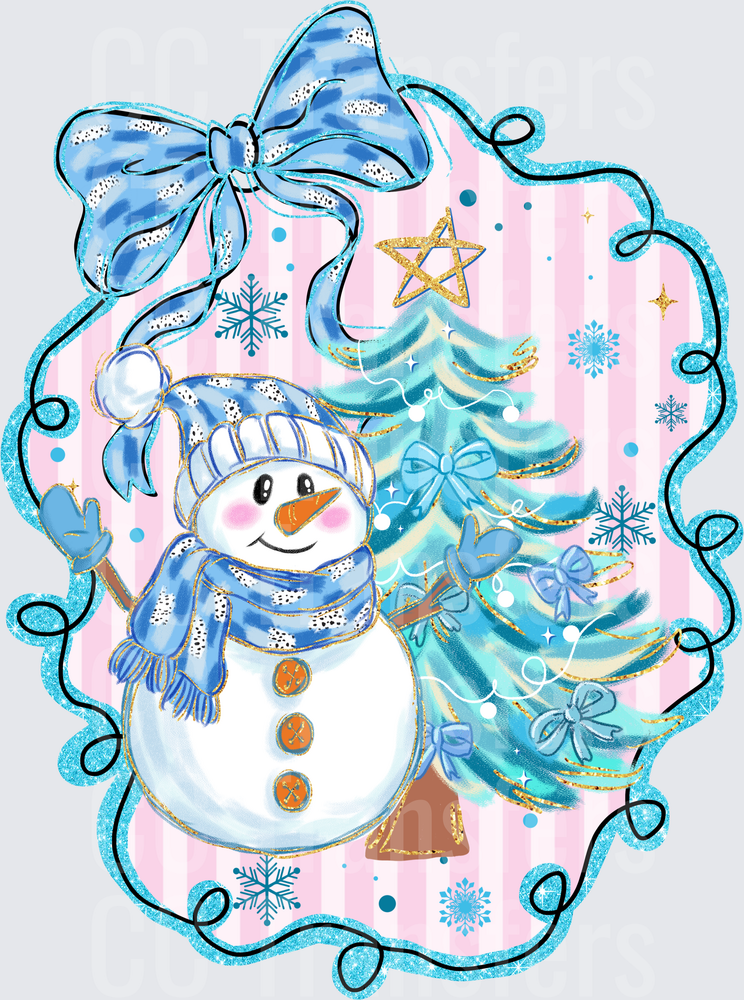 Whimsical Snowman Blue Christmas Tree Pink Stripe Frame (DTF)