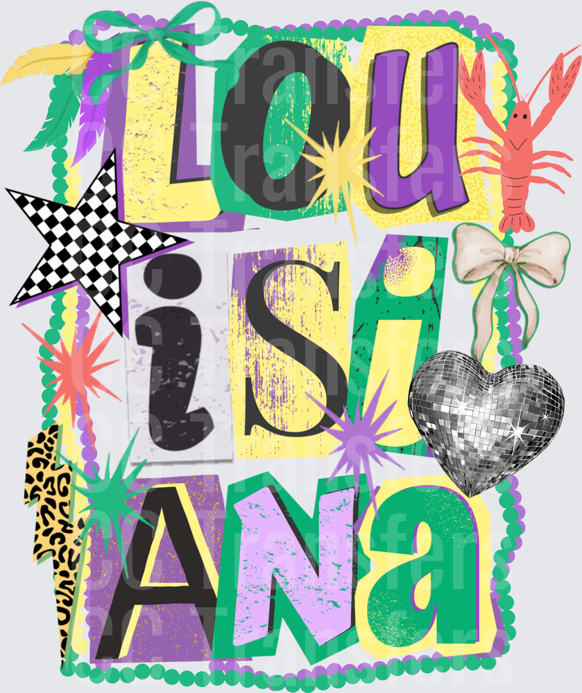 Louisiana Mardi Gras Collage Crawfish Disco Heart (DTF)