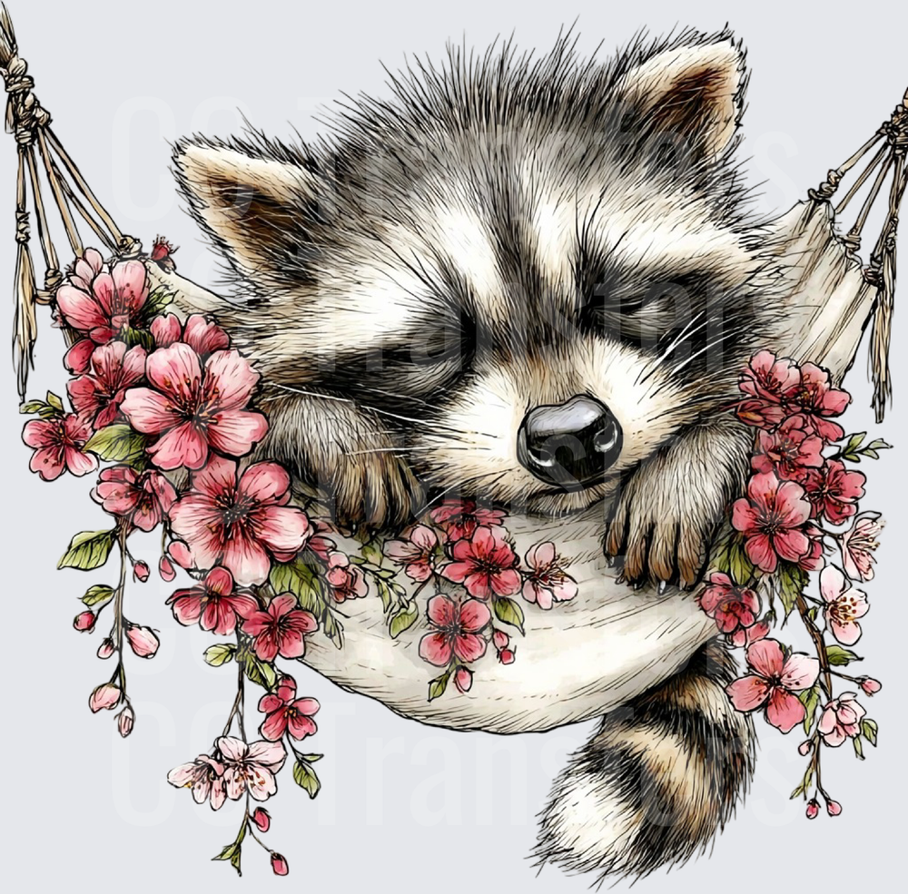Sleeping Baby Raccoon in Hammock with Cherry Blossoms (DTF)