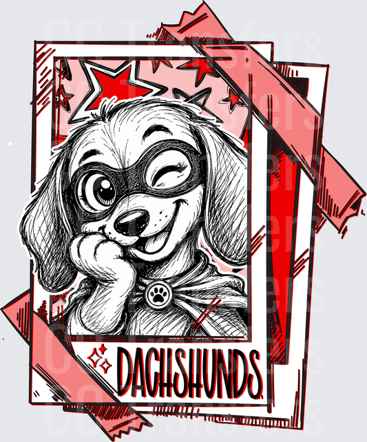 Cute Dachshund Superhero Mask Polaroid Comic Style (DTF)