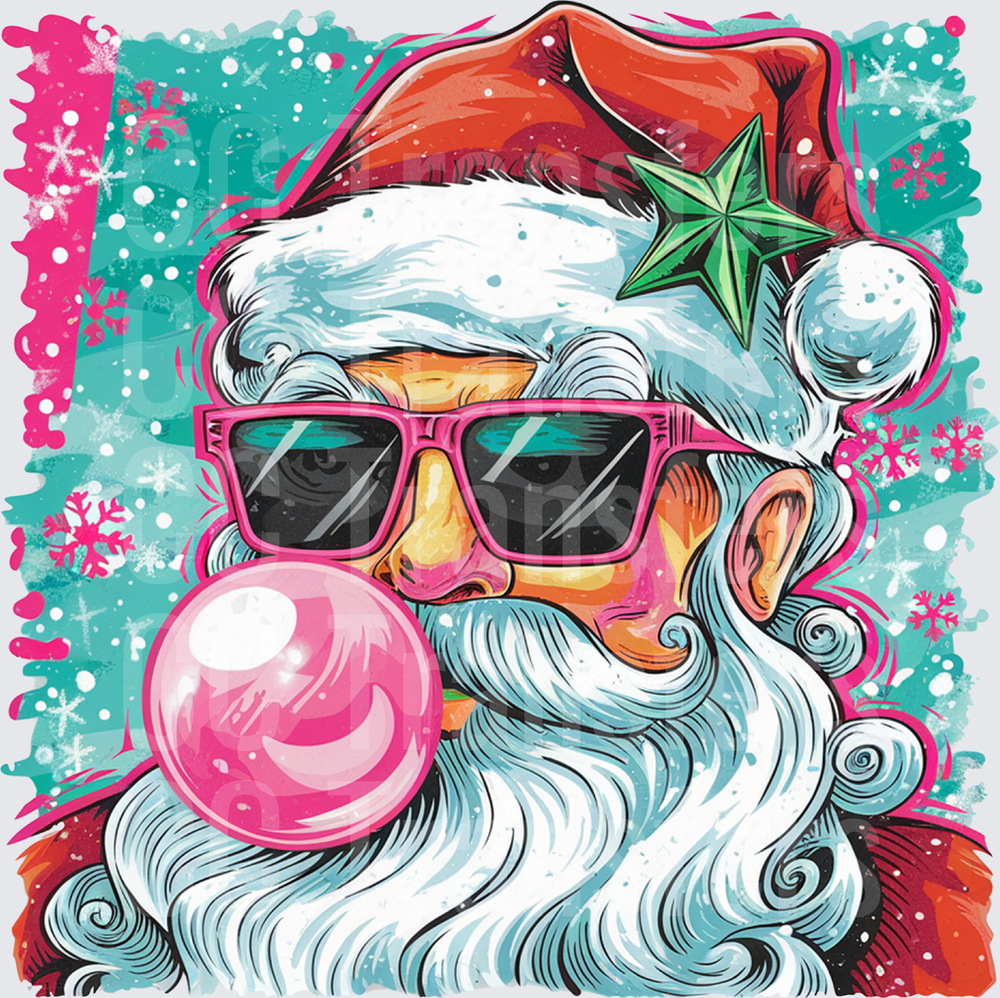 Cool Santa Blowing Pink Bubble Gum with Pink Sunglasses (DTF)