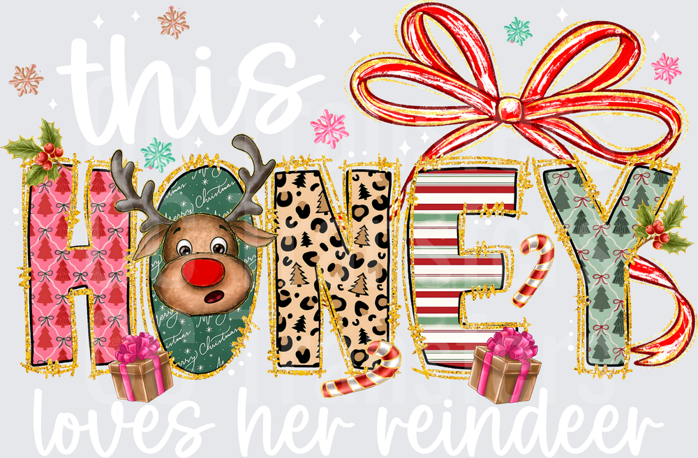 Christmas HONEY Reindeer Patterned Letters Holiday (DTF)