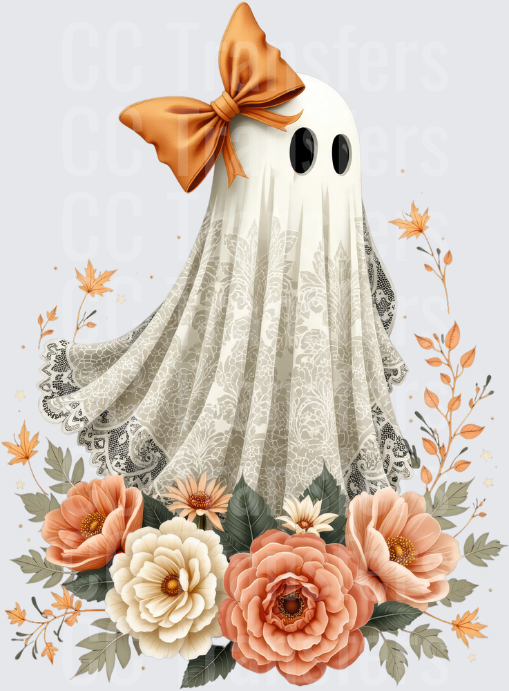 Boho Floral Ghost with Lace and Orange Bow (DTF)