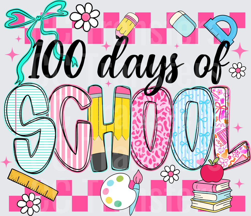 100 Days of School Retro Pink Checkered Supplies (DTF)