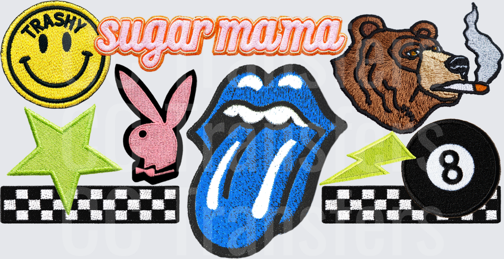 Retro Patch Collage Sugar Mama Smiley Bear Lips Star (DTF)