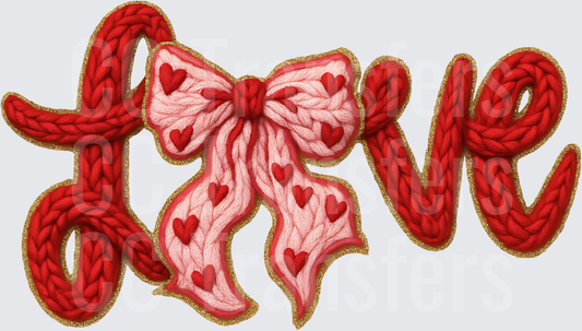 Knit Yarn Love Word Pink Bow Red Hearts Gold Edge (DTF)