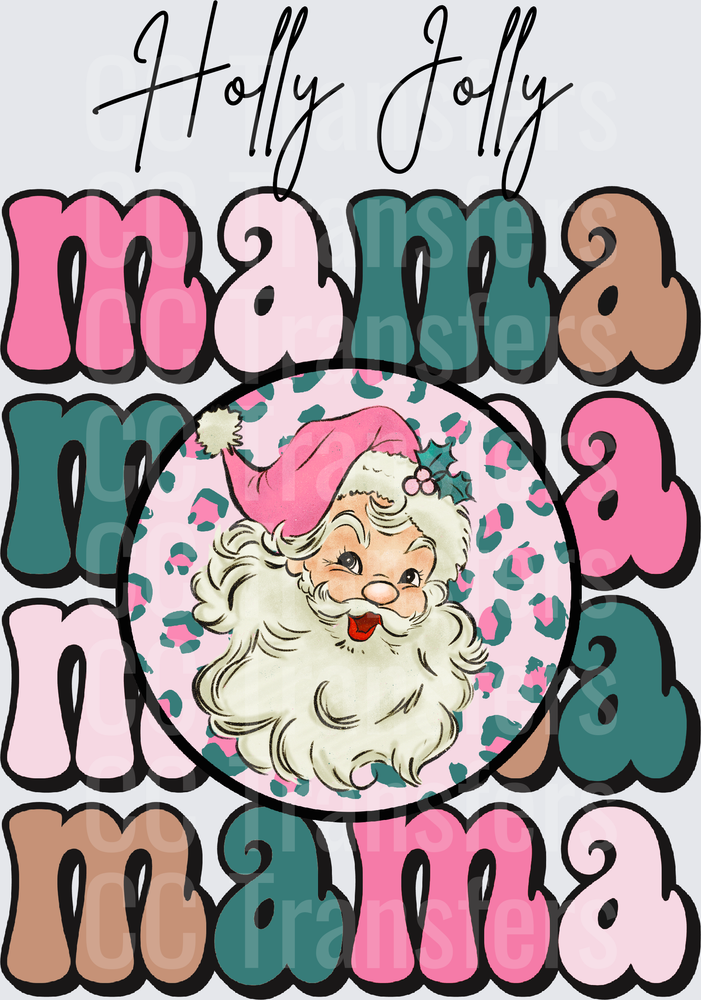 Holly Jolly Mama Retro Santa Pink Leopard Stacked (DTF)