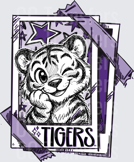Cute Cartoon Tiger Cub Sketch Purple Stars Tigers (DTF)
