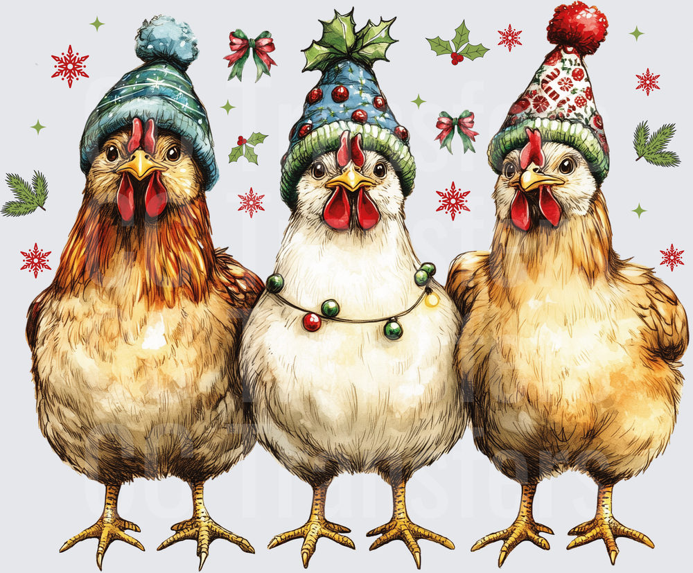 Three Christmas Hens in Holiday Hats with Snowflakes (DTF)