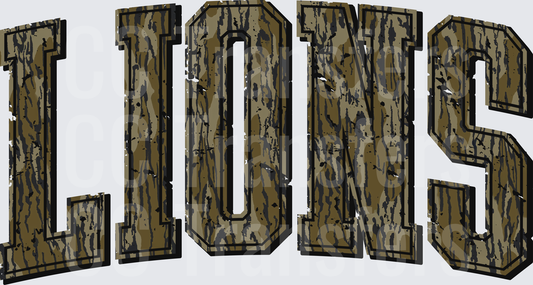 Lions Arched Varsity Letters Mossy Oak Camo (DTF)