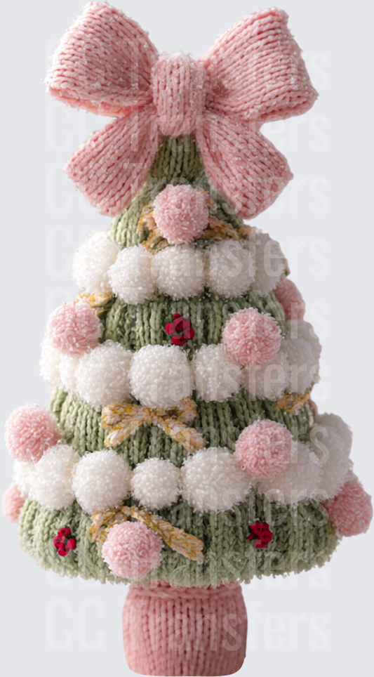 Cozy Knit Christmas Tree Pink Bow Pom Poms (DTF)