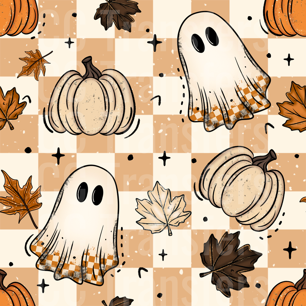 Boho Checkered Halloween Ghosts Pumpkins Fall Leaves (DTF)