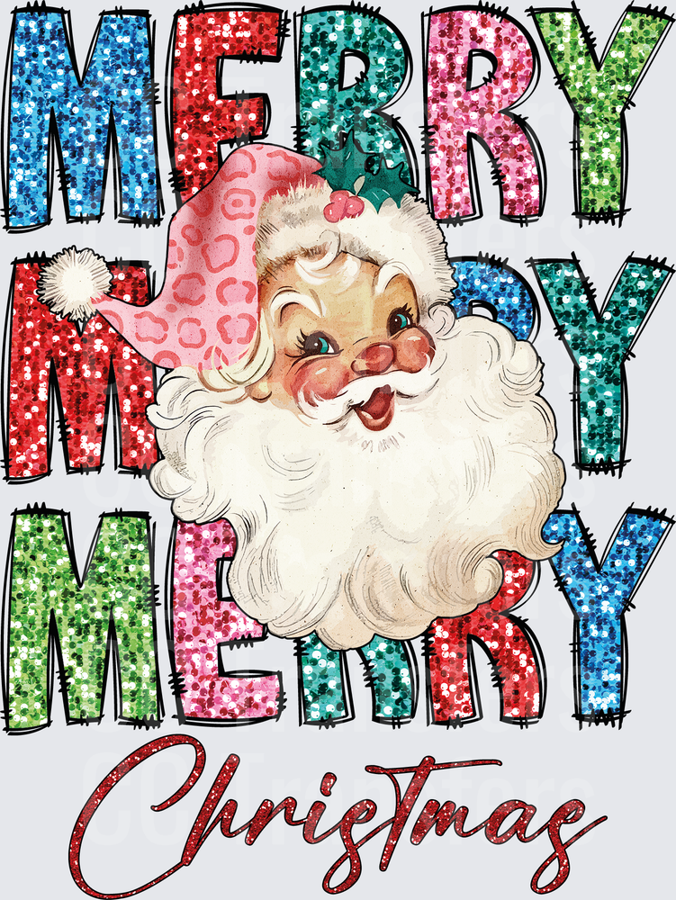Merry Merry Merry Christmas Retro Santa Glitter (DTF)