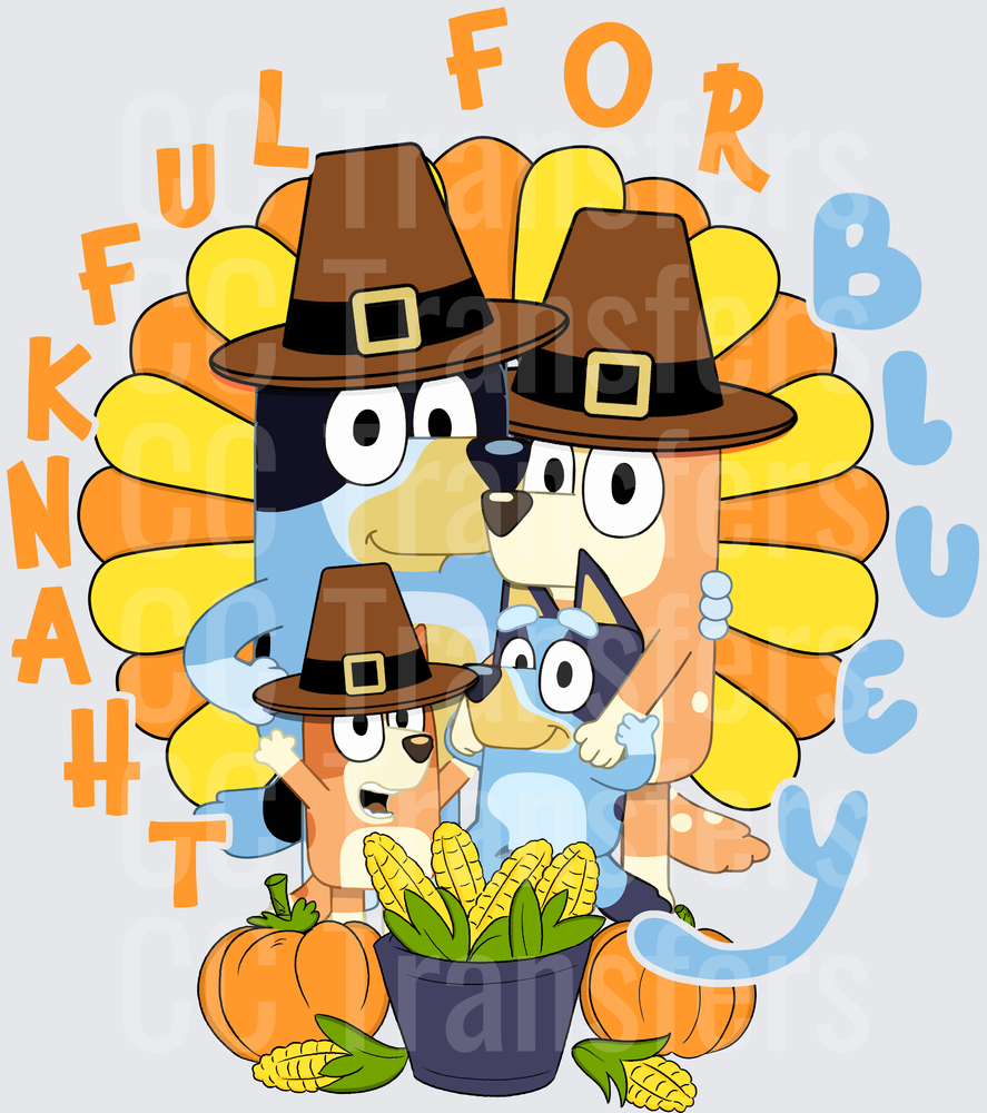 Thankful For Blue Cartoon Dog Family Thanksgiving (DTF)
