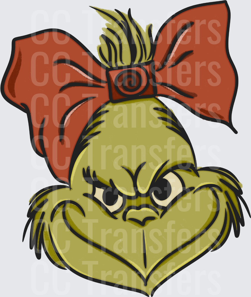 Grumpy Green Creature Face With Red Bow (DTF)