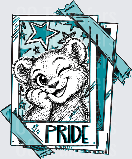 Smiling Lion Cub Pride Polaroid Teal Star Frame (DTF)