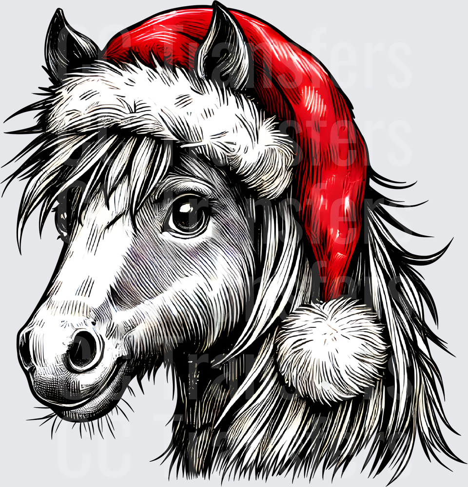 Shaggy Pony Portrait Wearing Red Santa Hat (DTF)
