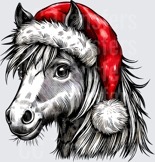 Shaggy Pony Portrait Wearing Red Santa Hat (DTF)