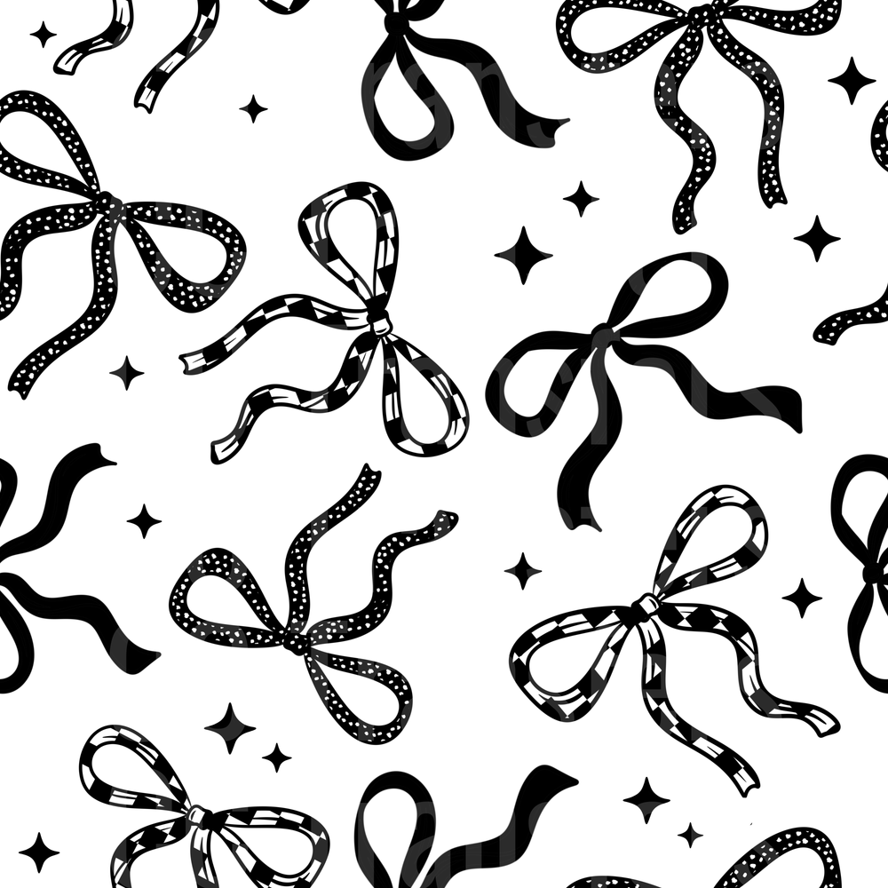 Black and White Ribbon Bows Stars Scattered Pattern (DTF)