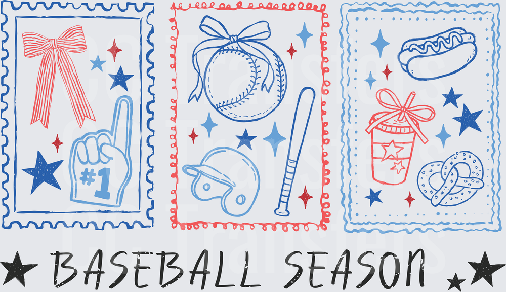 Baseball Season Stamp Panels Red Blue Stars Icons (DTF)
