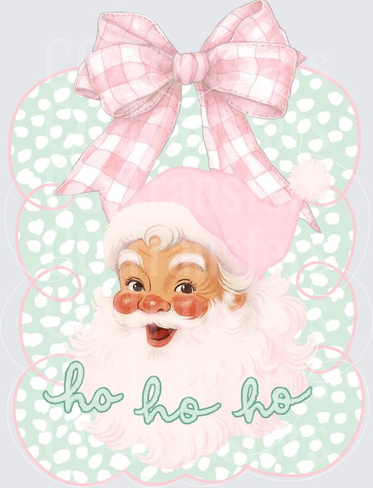 Retro Pink Santa Ho Ho Ho Plaid Bow Mint Polka Dot (DTF)