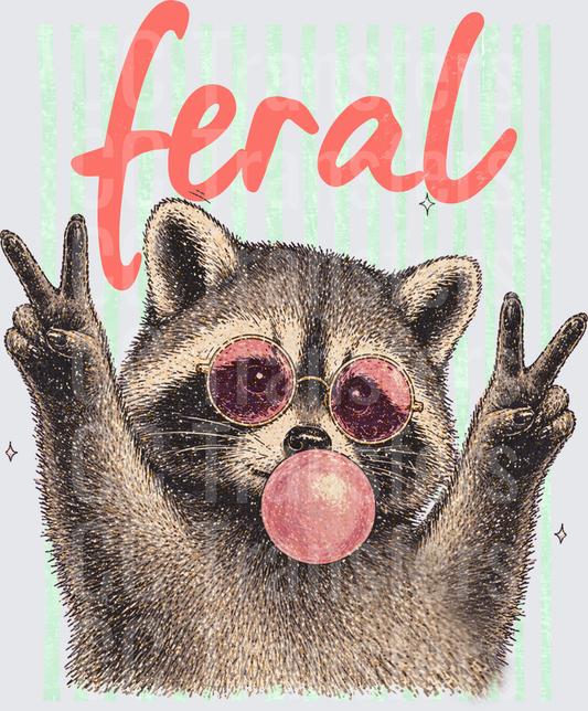 Feral Raccoon with Sunglasses Blowing Bubble Gum Peace Sign (DTF)