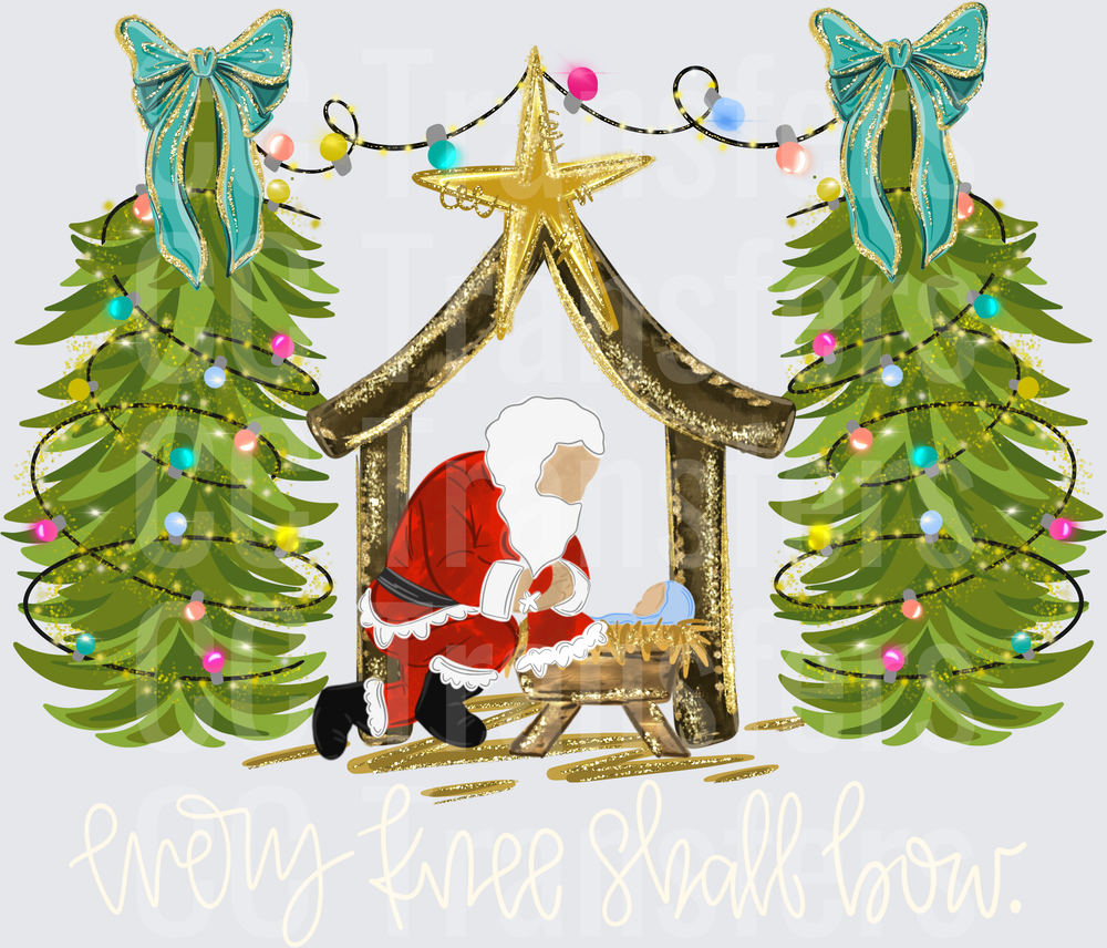 Santa Kneeling at Nativity Manger with Christmas Trees DTF