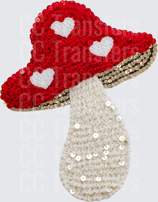 Sequin & Chenille Red Mushroom with White Hearts (DTF)