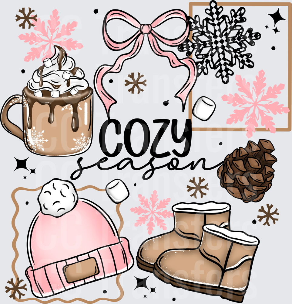 Cozy Season Pink Bow Hot Cocoa Beanie Boots Snowflakes (DTF)