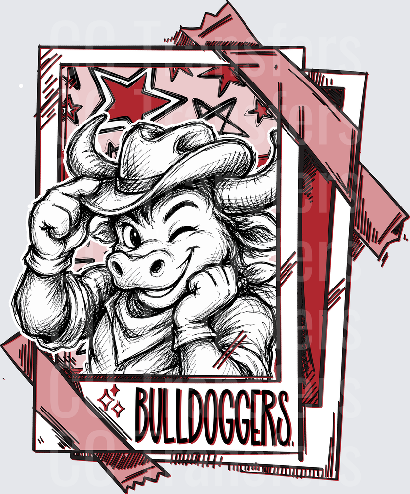 Bulldoggers Bull Mascot Cowboy Hat Sketch Polaroid (DTF)