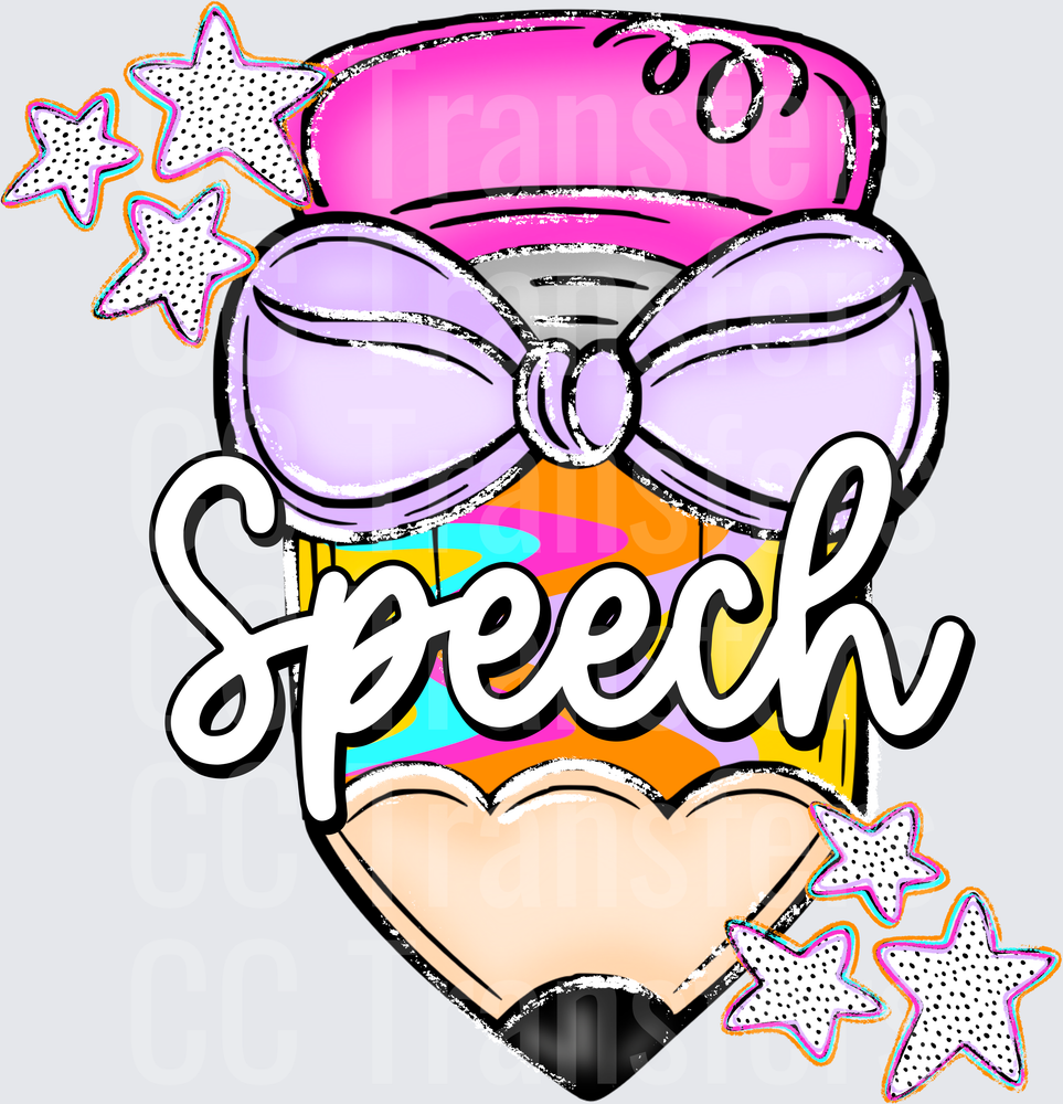 Speech Heart Pencil Purple Bow Stars Colorful Design (DTF)