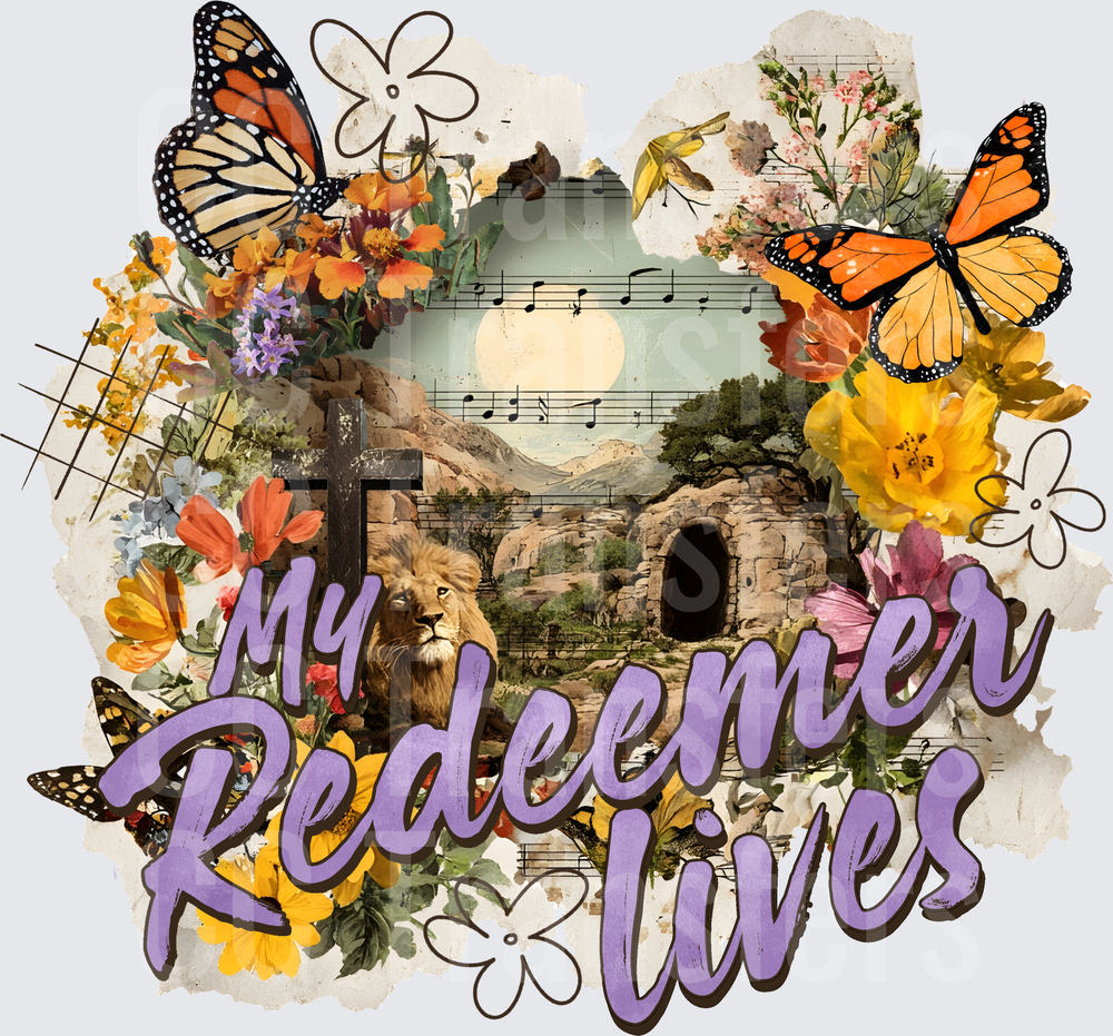 My Redeemer Lives Easter Tomb Cross Lion Floral (DTF)