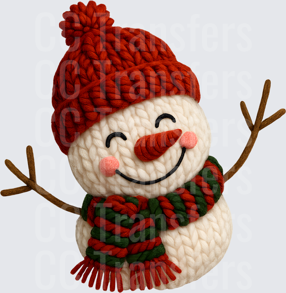 Cozy Knit Yarn Snowman Red Beanie Striped Scarf (DTF)