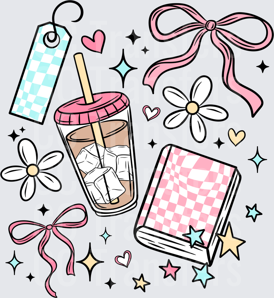 Coquette Iced Coffee Book Bows Daisies Stars Collage (DTF)