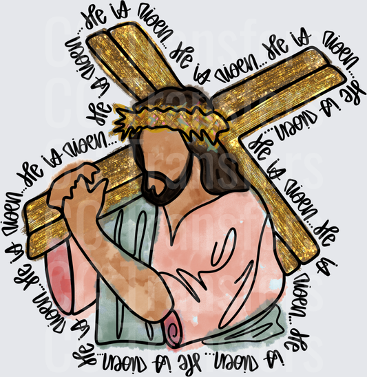 Jesus Carrying Glitter Cross He Is Risen Text (DTF)