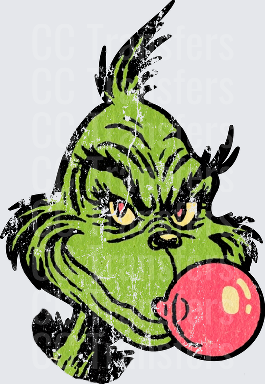 Grumpy Green Creature Blowing Pink Bubble Gum Distressed (DTF)