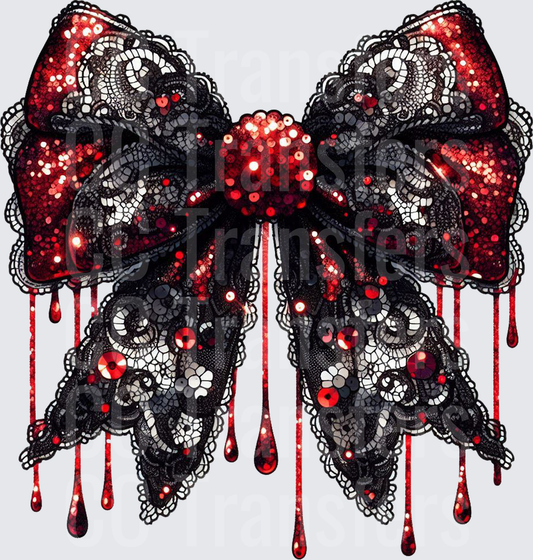 Gothic Red Sequin Lace Bow with Blood Drips (DTF)