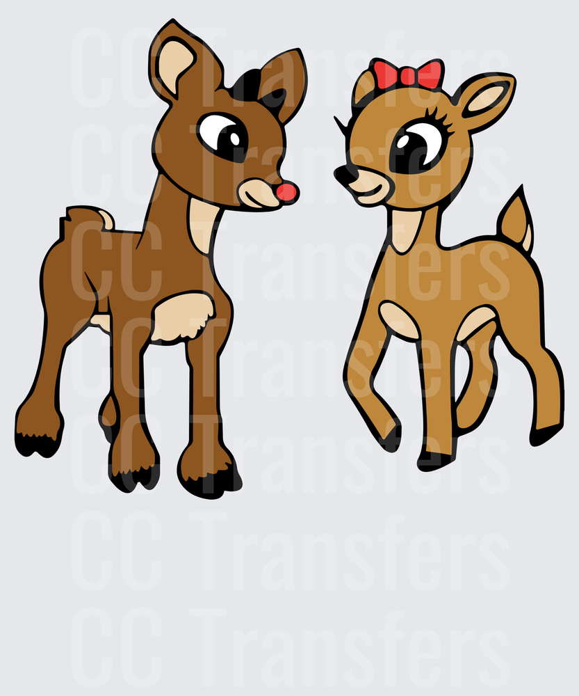 Cute Baby Reindeer Pair with Red Nose and Bow (DTF)