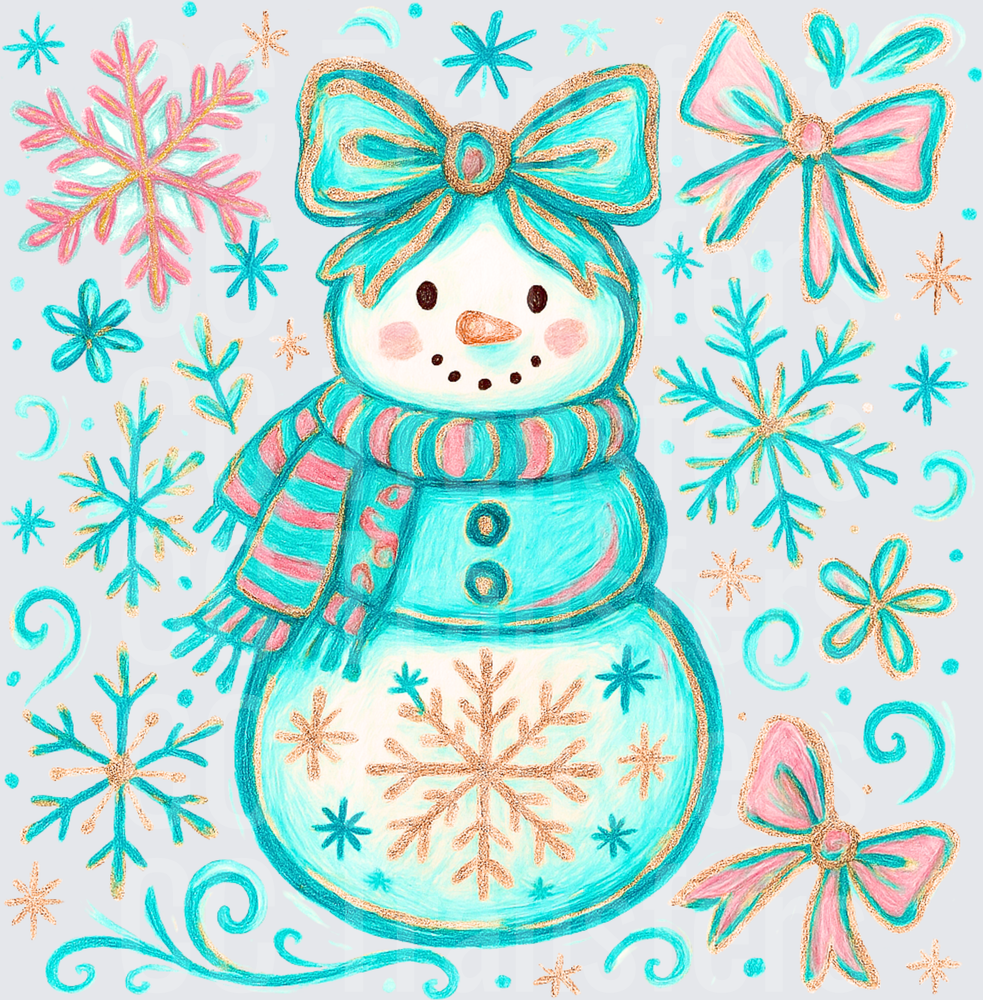 Teal Pink Glam Snowman Girl with Bows and Snowflakes (DTF)