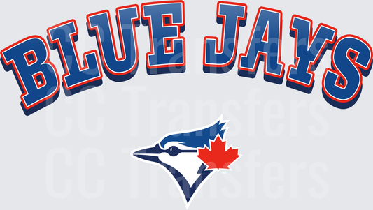 Arched Blue Jays Text with Bird Head Maple Leaf Logo (DTF)