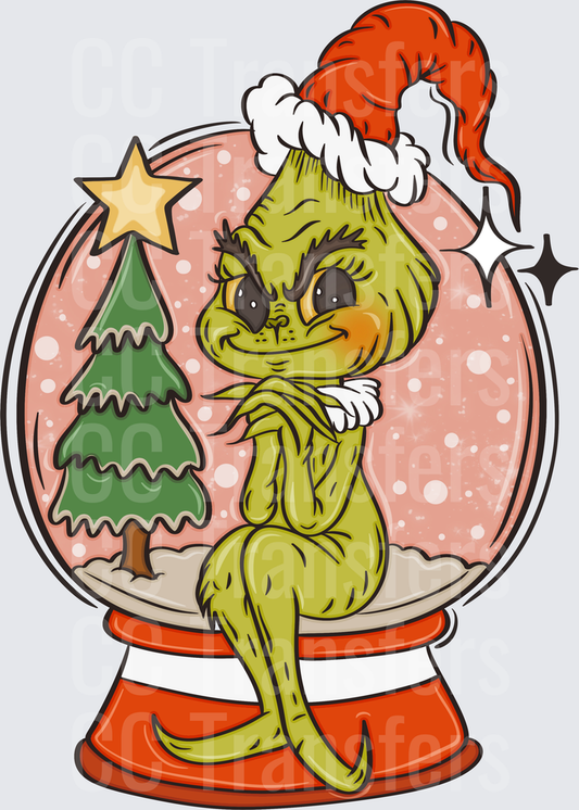 Sneaky Green Christmas Creature Snow Globe Scene (DTF)
