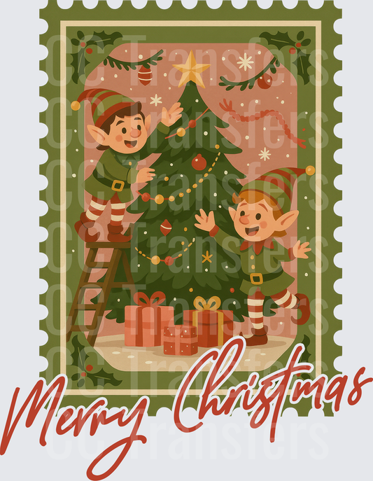 Vintage Postage Stamp Elves Decorating Christmas Tree DTF