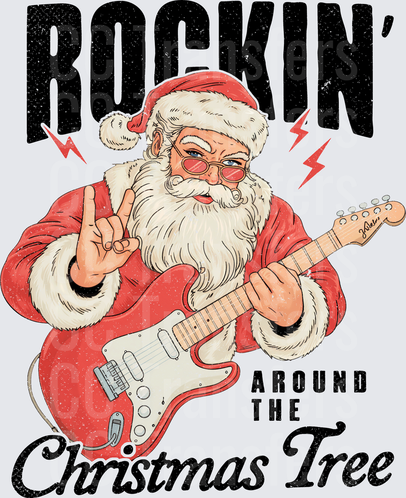 Rockin Around The Christmas Tree Santa Guitar DTF