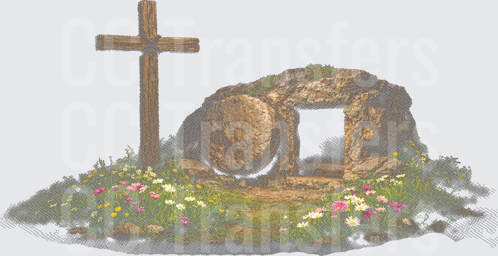 Wooden Cross Empty Tomb Stone Spring Wildflowers (DTF)
