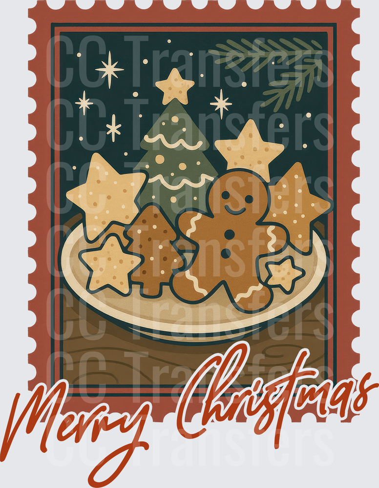 Merry Christmas Postage Stamp Gingerbread Cookie Plate (DTF)