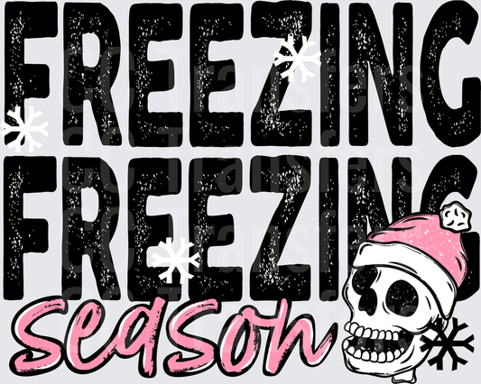 Freezing Season Skull Pink Santa Hat Winter Text (DTF)
