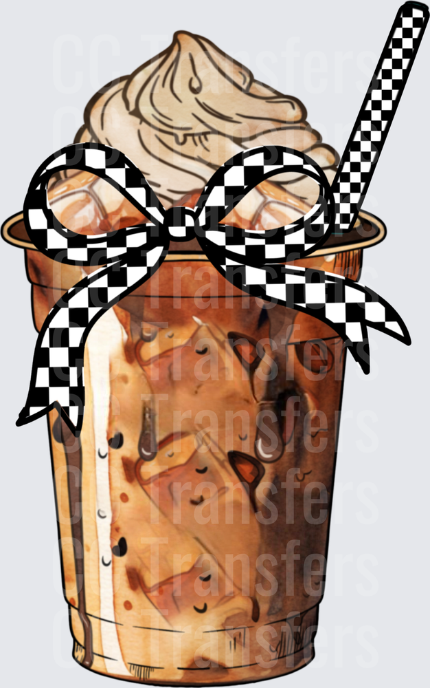 Iced Coffee Cup Whipped Cream Checkered Bow (DTF)