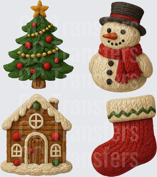 Embroidered Christmas Icon Set Tree Snowman House Stocking (DTF)