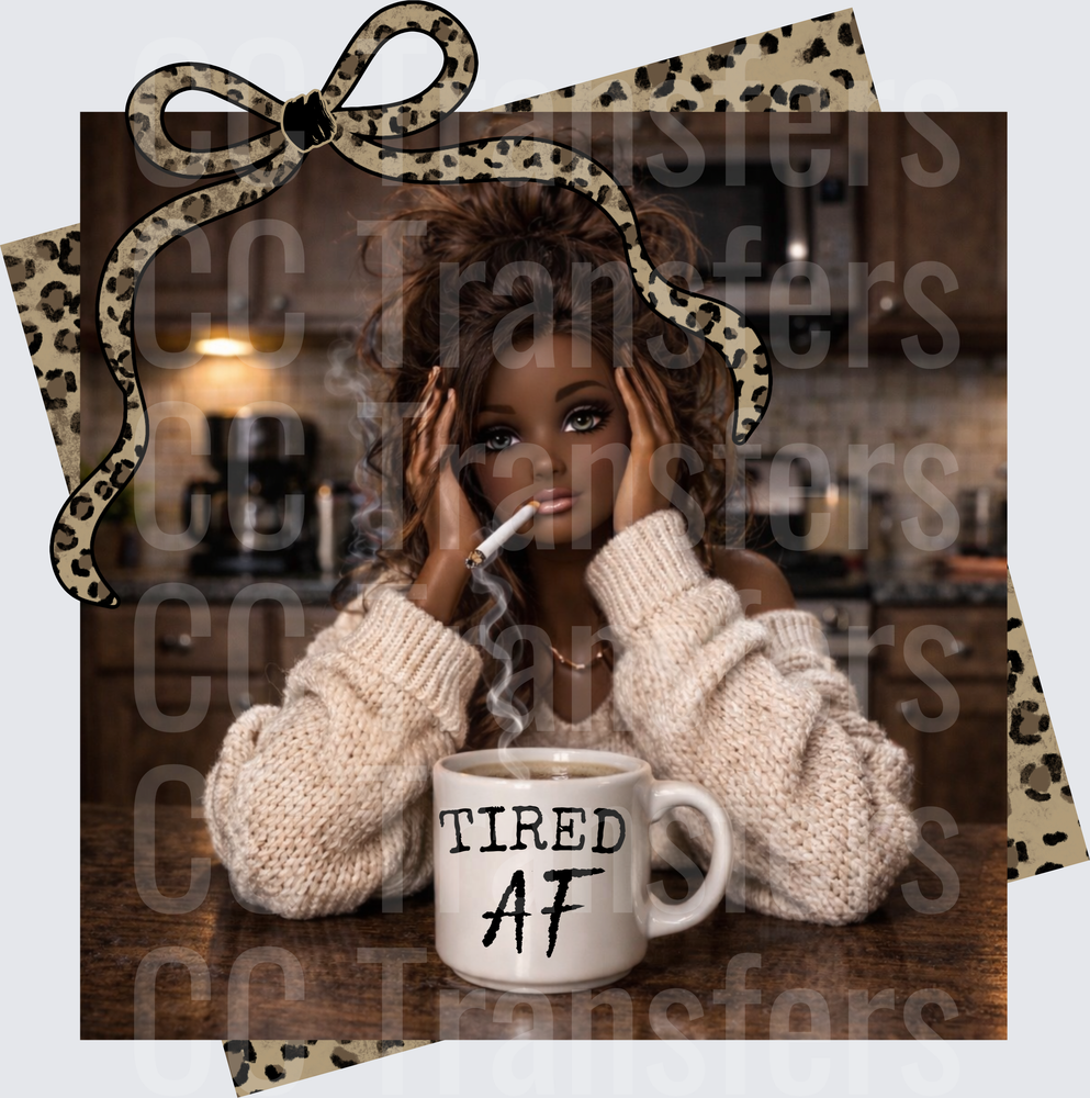 Tired AF Doll Girl Coffee Mug Leopard Bow Kitchen (DTF)