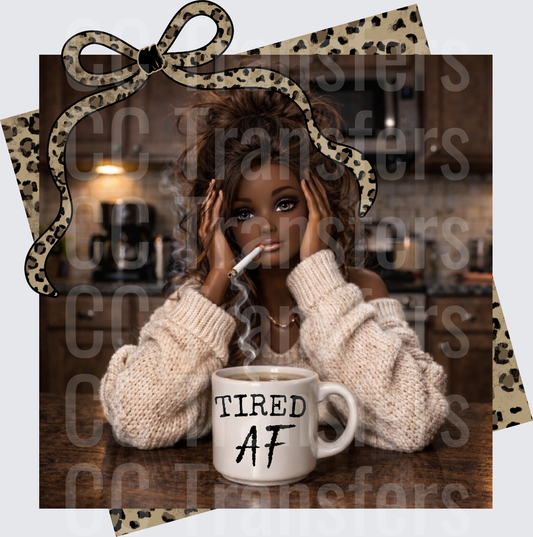 Tired AF Doll Girl Coffee Mug Leopard Bow Kitchen (DTF)
